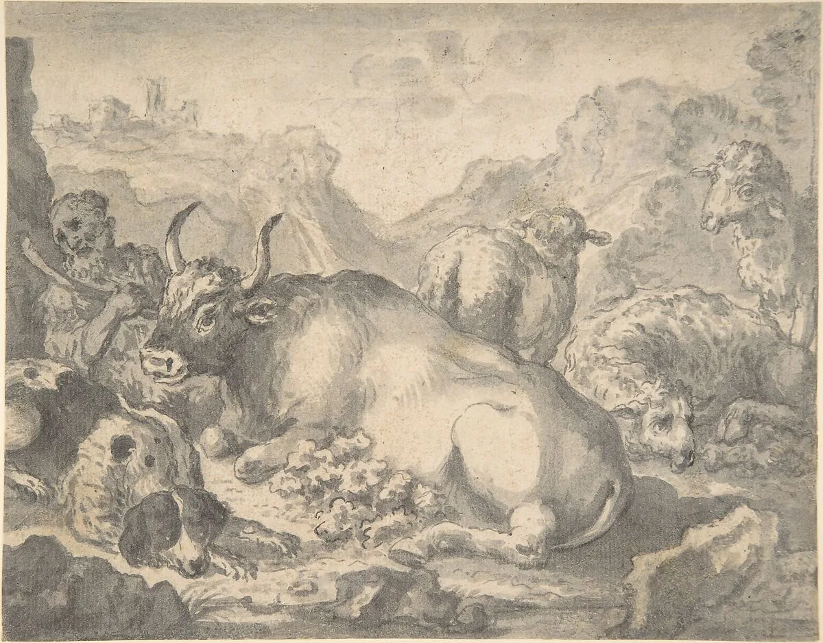 Sheperd with his Flock and a Dog — Anonymous, Flemish, 17th century