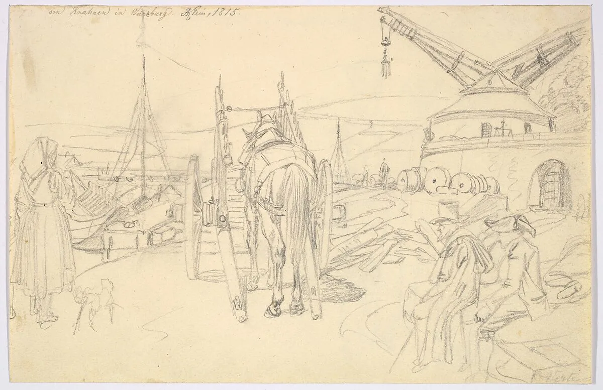 View of the Alter Kranen in Würzburg; verso: Study of Three Soldiers and Two More Figures — Johann Adam Klein