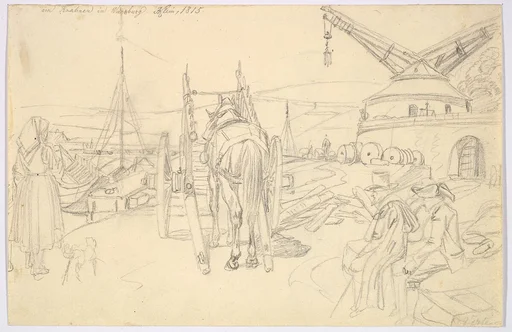 View of the Alter Kranen in Würzburg; verso: Study of Three Soldiers and Two More Figures