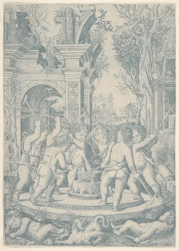 The fate of an evil tongue; seven putti stand around an anvil on which they hammer a tongue, landscape and architecture behind