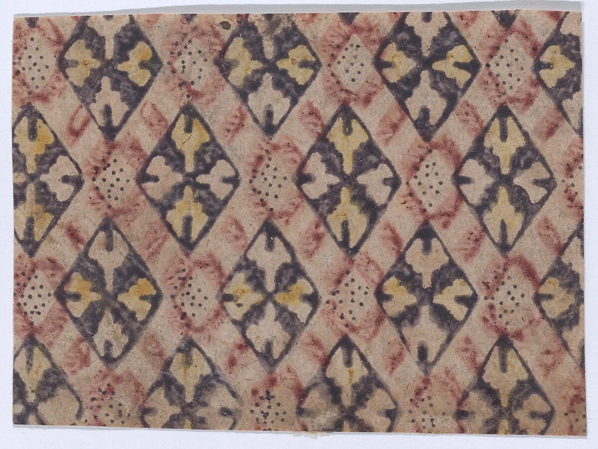 Sheet with alternating red, navy, and yellow ornate diamond outlines, with small black dots — Anonymous