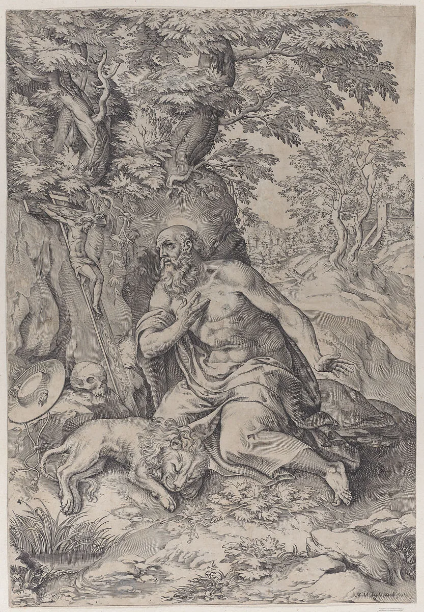 Saint Jerome in the wilderness, with a lion at left — Michelangelo Marelli