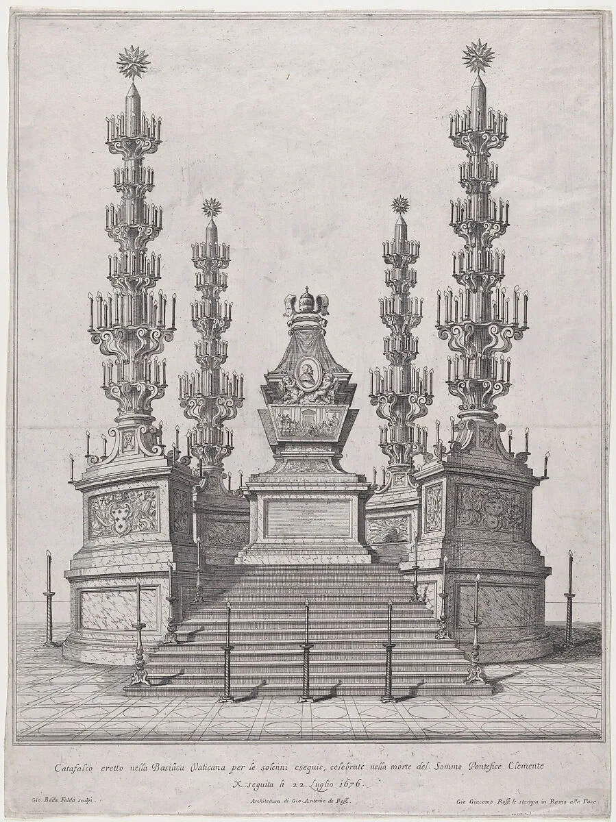 Catafalque for Pope Clement X; central structure at the top of a fifteen step platform, with columns surmounted by candelabra at each of the four corners — Giovanni Battista Falda|Giovanni Giacomo De Rossi|Giovanni Battista de' Rossi
