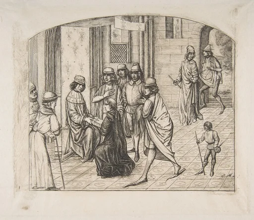 The printer Valère Maxime being presented to King Louis XI, after an earlier miniature