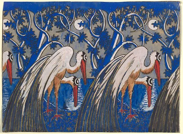 Repetitive Pattern of a Moonlit Landscape Containing Two Storks and a Tree by a River — Anonymous, French, 20th century