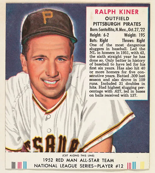 Ralph Kiner, from the Red Man All-Star Team series (T232), issued by Red Man Chewing Tobacco — Red Man Chewing Tobacco