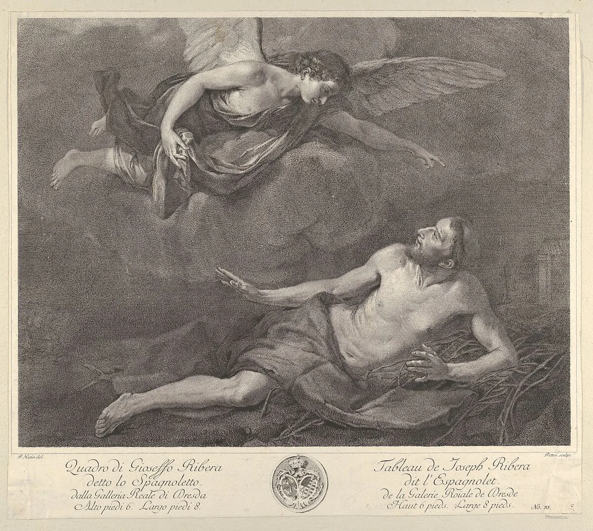 Saint Francis visited by the Angel, from 'Recueil d'estampes d'après les plus célèbres tableaux de la Galerie Royale de Dresde' — Jusepe de Ribera (called Lo Spagnoletto)|Pierre Hutin|Marco Alvise Pitteri