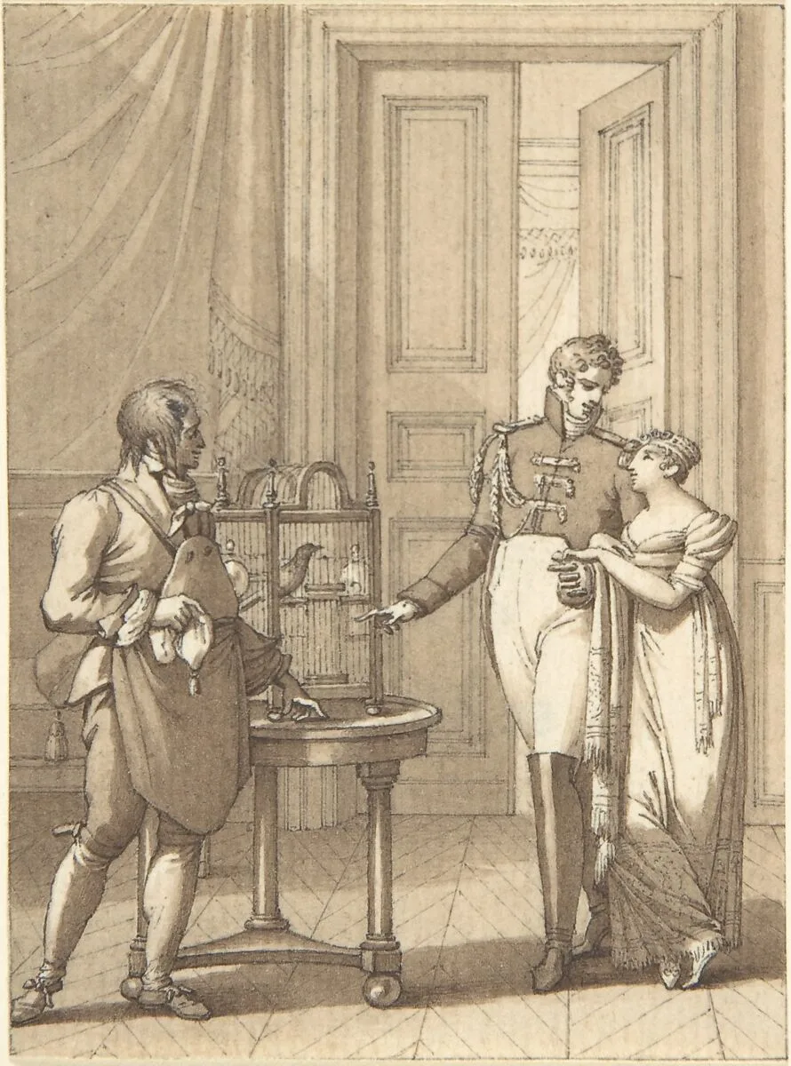 Design for a Book Illustration: an Amorous Couple Beside Birds in a Cage — Anonymous, German, 19th century