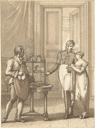Design for a Book Illustration: an Amorous Couple Beside Birds in a Cage