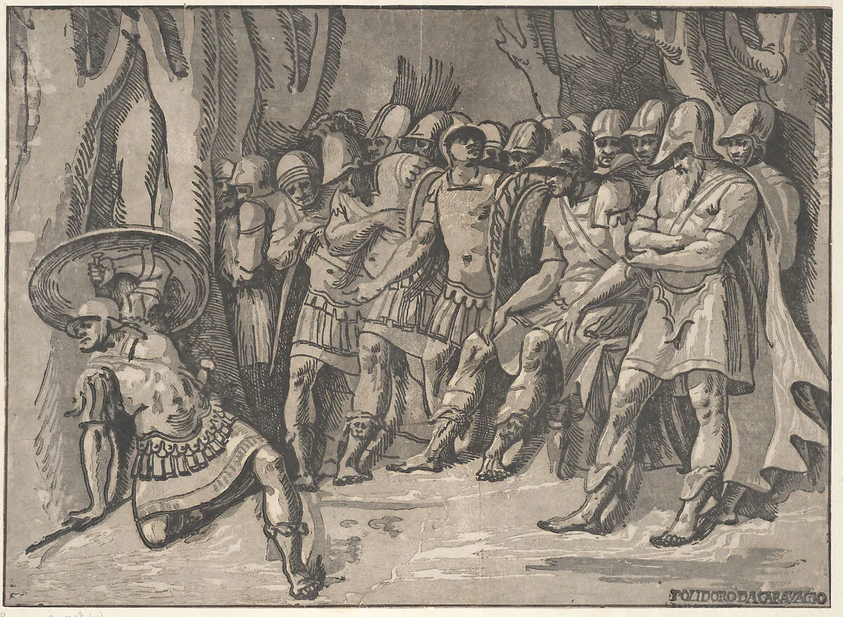Ajax lower left holding a shield aloft, at the right stands Agamemnon surrounded by his soldiers — Niccolò Vicentino|Polidoro da Caravaggio