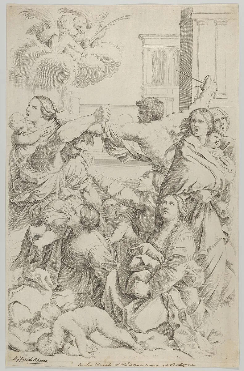 Massacre of the Innocents; group of women and children being attacked, two angels at upper left, after Reni — Guido Reni|Gian Battista Bolognini