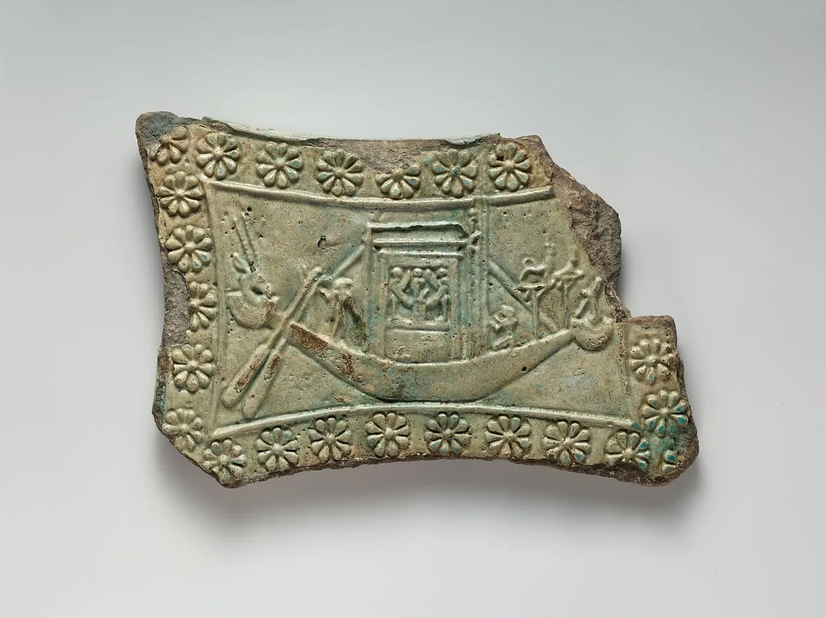 Model tambourine with rosette border, Bastet on one side, her boat with naos on the other — Unknown