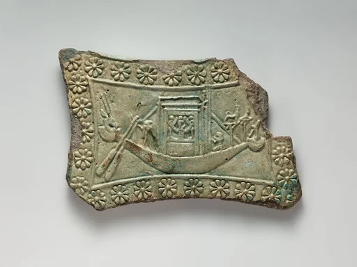 Model tambourine with rosette border, Bastet on one side, her boat with naos on the other