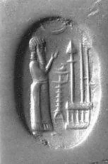 Stamp seal (oval conoid, pin preserved) with cultic scene — Unknown