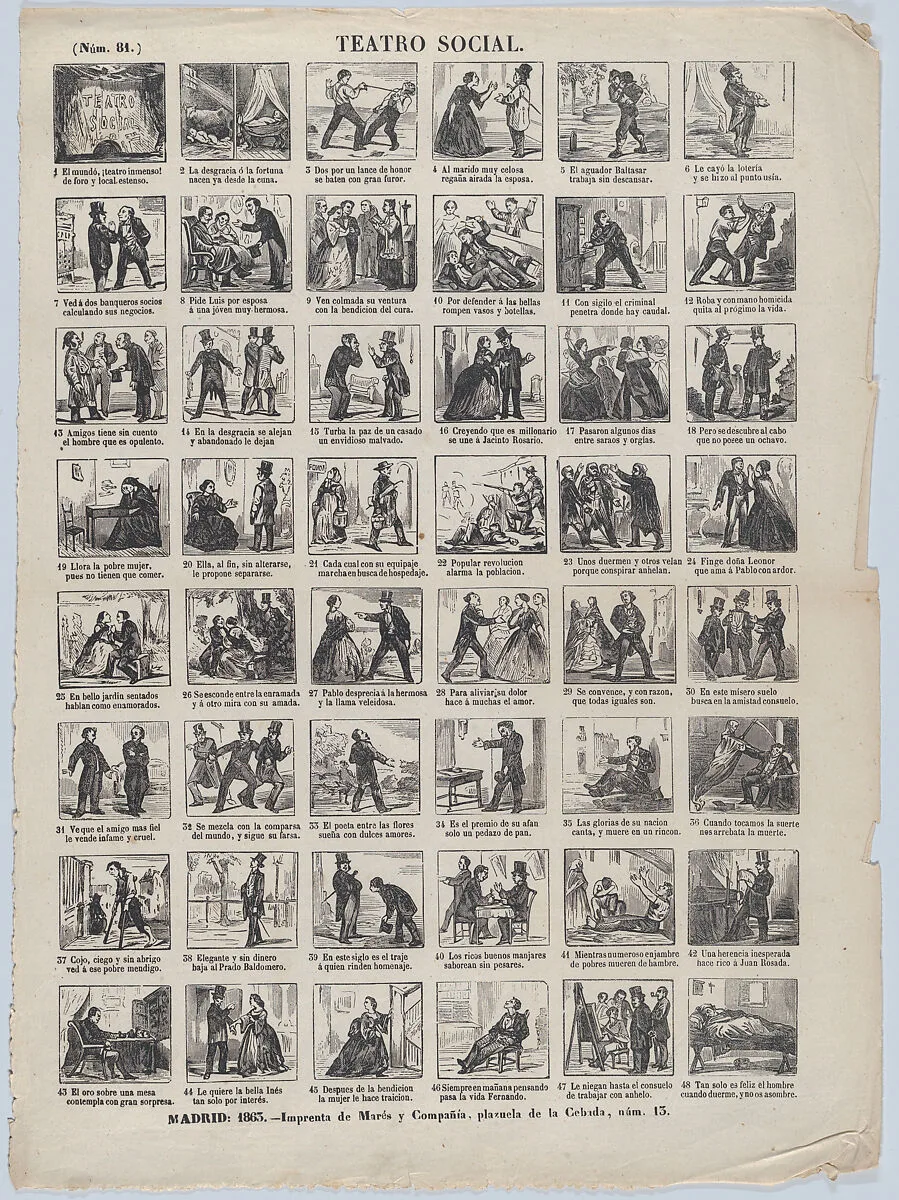 Broadside with 48 scenes depicting moments and conditions relating to the theatre of life — José María Marés