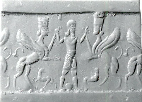 Cylinder seal with three-figure contest scene — Unknown