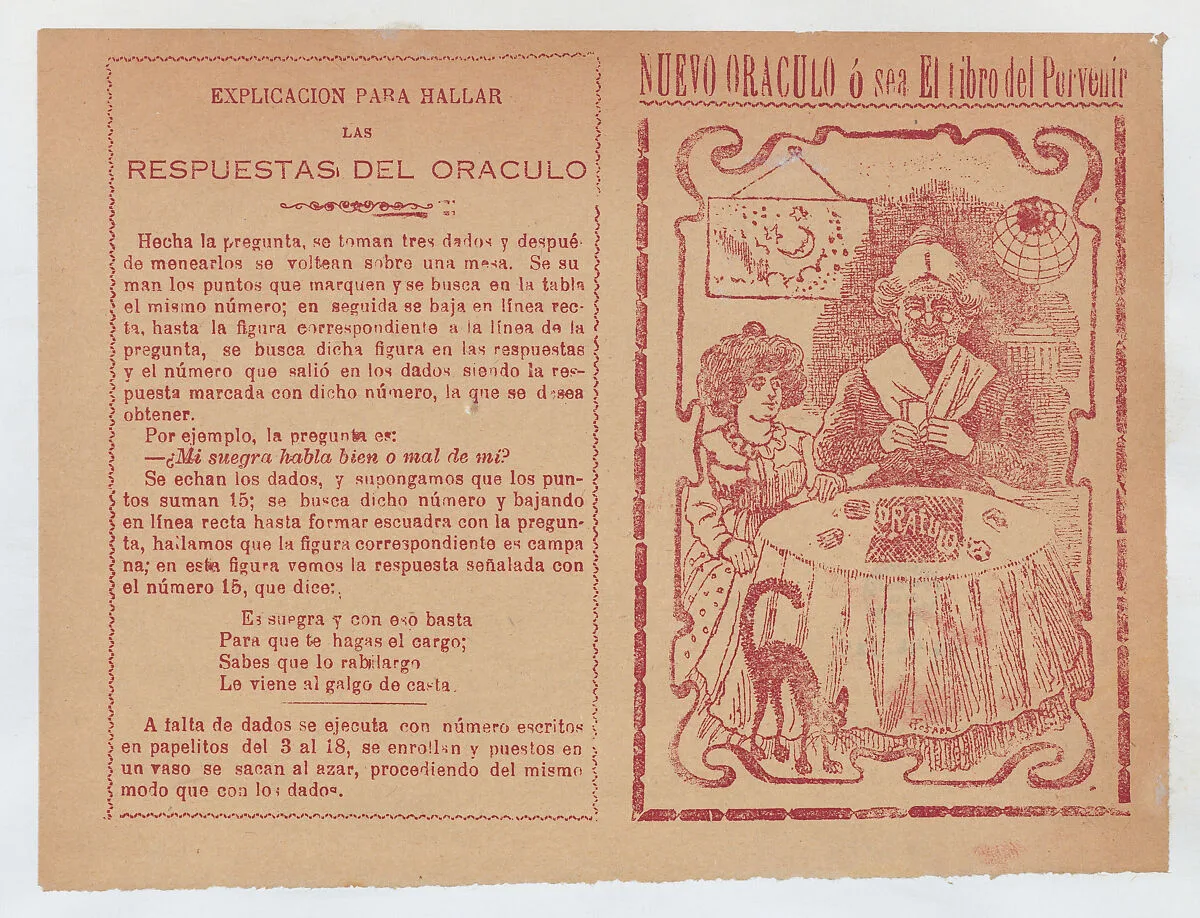 Cover for 'Nuevo Oraculo ó sea El Libro del Porvenír', an old women seated at a table and reading someone's fortune from cards — Antonio Vanegas Arroyo|José Guadalupe Posada