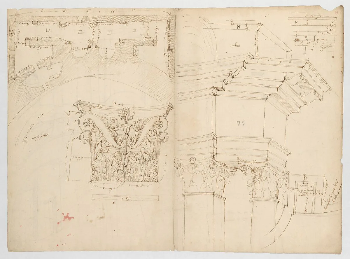 Pantheon, perspective elevation, partial plans, Corinthian pilaster capital and alcove details (recto) Pantheon, perspective sections, alcove elevations, partial plans (verso) — Anonymous, French, 16th century