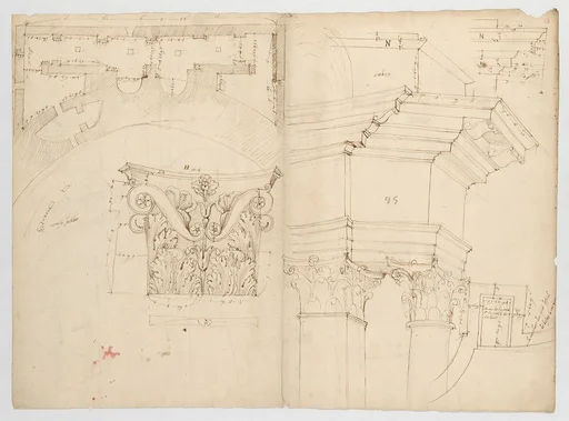 Pantheon, perspective elevation, partial plans, Corinthian pilaster capital and alcove details (recto) Pantheon, perspective sections, alcove elevations, partial plans (verso)