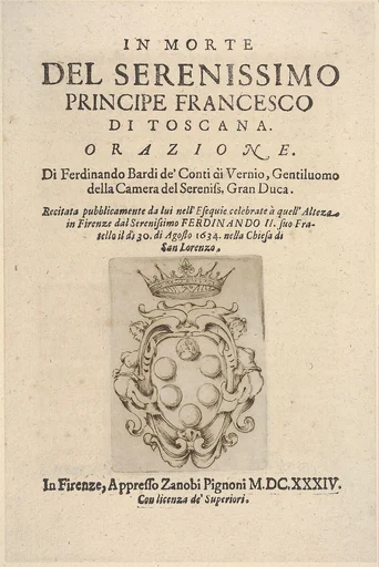 Title page 2: Medici coat of arms in bottom center, from "In Morte del Serenissimo Principe Francesco di Toscana, Orazione"