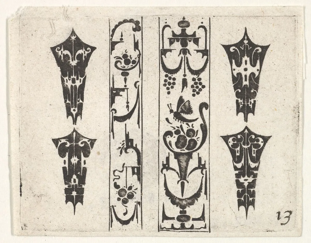 Blackwork Print with Two Vertical Panels and Four Bezels — Claes Jansz. Visscher|Hertzog von Brin