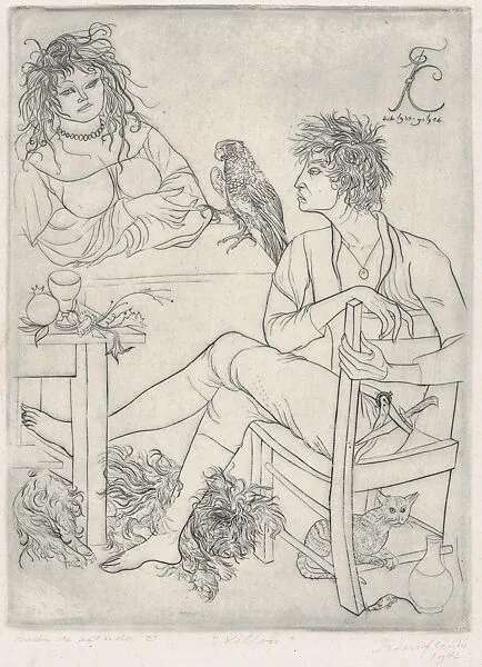 The poet François Villon seated before a table in the company of a cat, a woman and a bird of prey — Federico Cantù