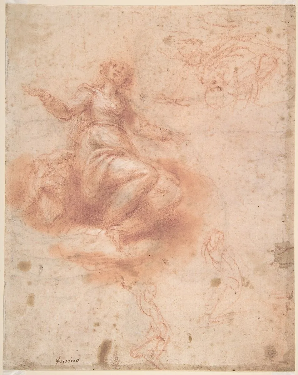 Young Woman on a Cloud with Three Figures (recto); Studies of an Old Man and a Hand (verso) — Francesco Furini