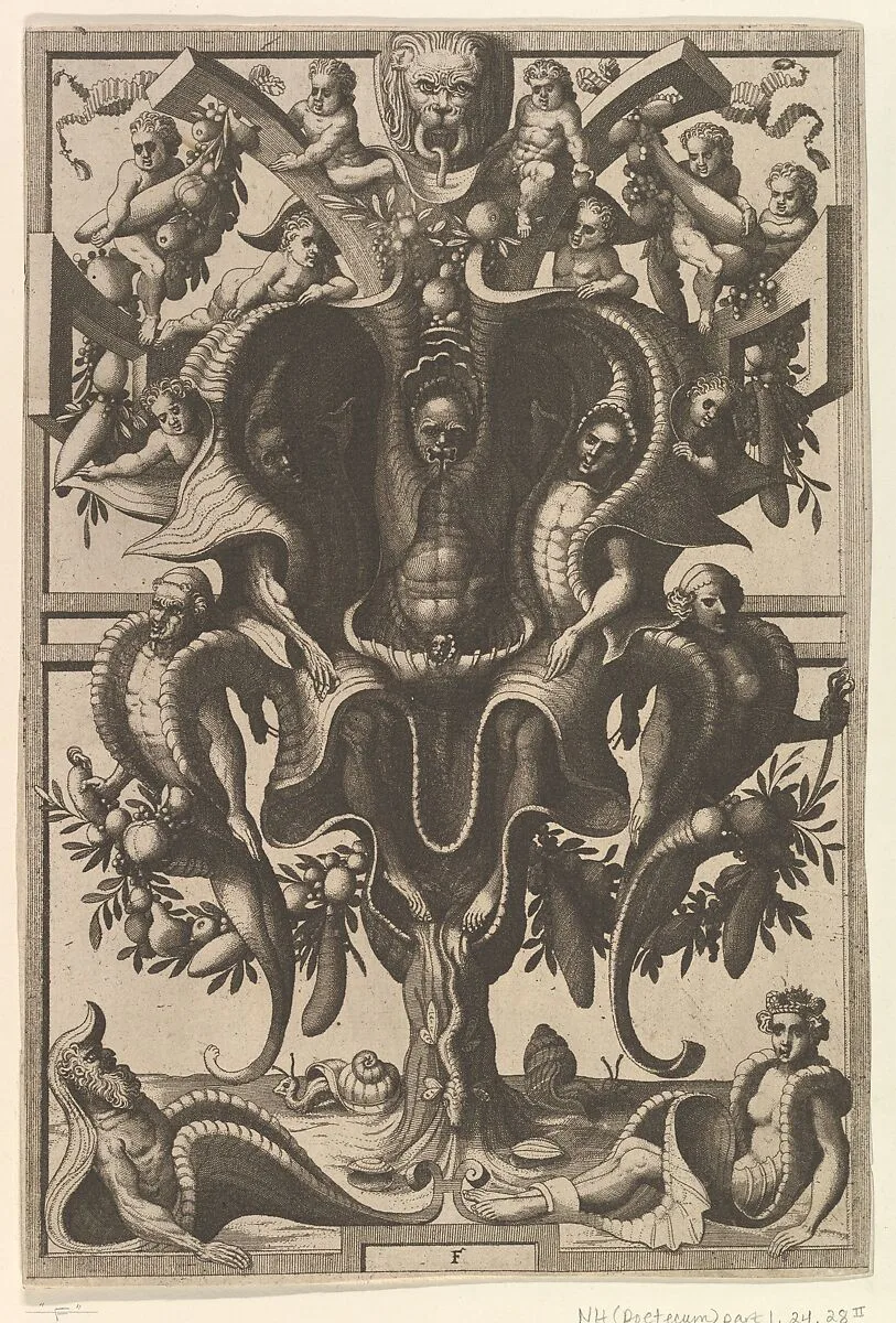 Auricular Cartouche with Figures within a Strapwork Frame from Veederley Veranderinghe van grotissen ende Compertimenten. Libro Primo — Cornelis Floris II|Johannes van Doetecum I|Lucas van Doetecum