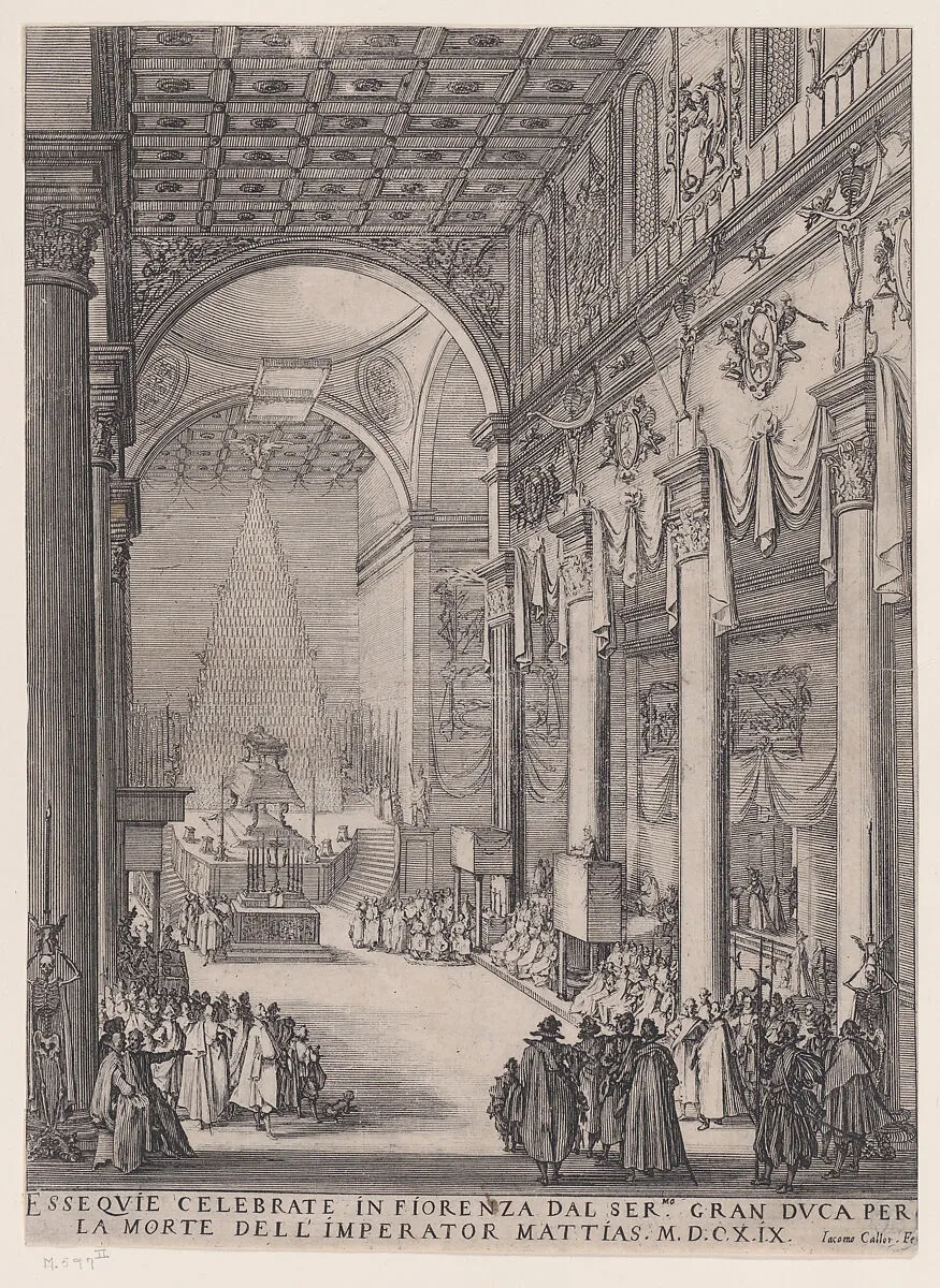Le Catafalque de l'Empereur Mathais pièce appelée aussi Le Petit Prédicateur, La Chapelle Funèbre de Florence et Requiem de L'Empereur Mathais (The Catafalque of the Emperor Matthais, piece also called The Small Preacher, The Funerary Chapel of Florence, The Requiem of the Emperor Matthais) — Jacques Callot