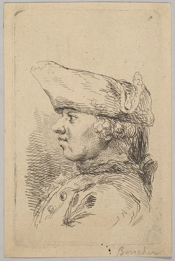Head of a man in profile wearing a tricorne