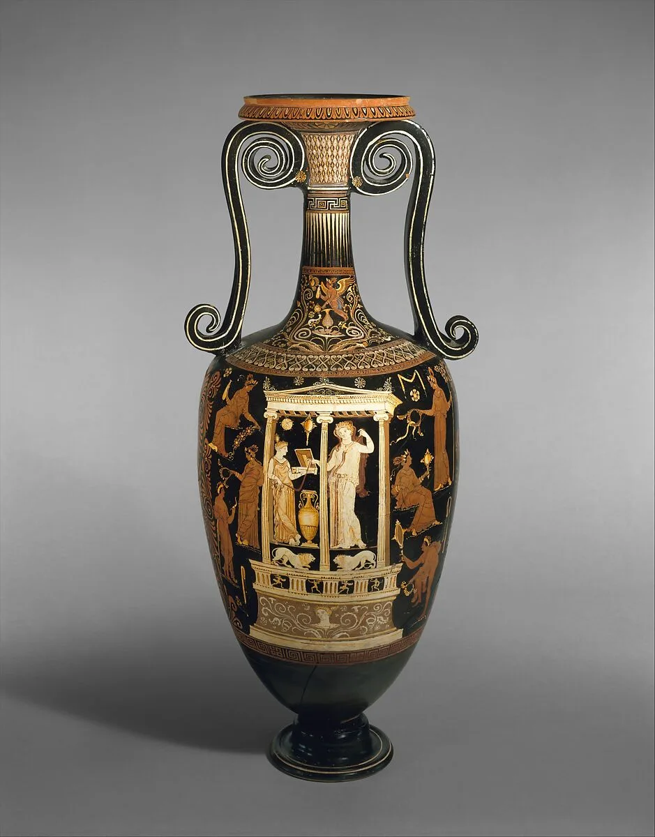 Terracotta loutrophoros (ceremonial vase for water) — Metope Painter
