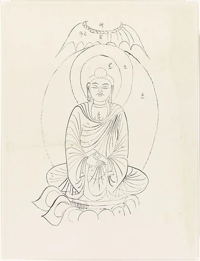 現代 謝稚柳 敦煌坐佛臨本 鏡片|Seated Buddha