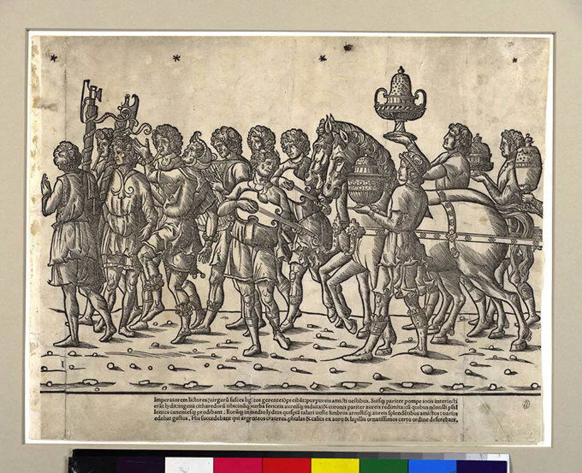 Soldiers, musicians and horses from, 'The Triumph of Caesar' — Jacob of Strasbourg|Benedetto Bordone