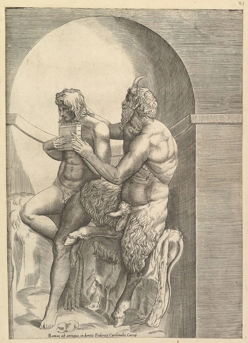 Speculum Romanae Magnificentiae: Pan Teaching the Young Olympus to Play the Flute — Enea Vico|Battista Franco|Anonymous