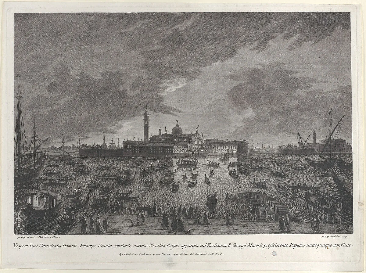 Nocturnal view of the procession on Christmas Eve of the Doge and Venetian Senate to San Giorgio Maggiore — Giovanni Battista Moretti|Lodovico Furlanetto|Giovanni Battista Brustolon