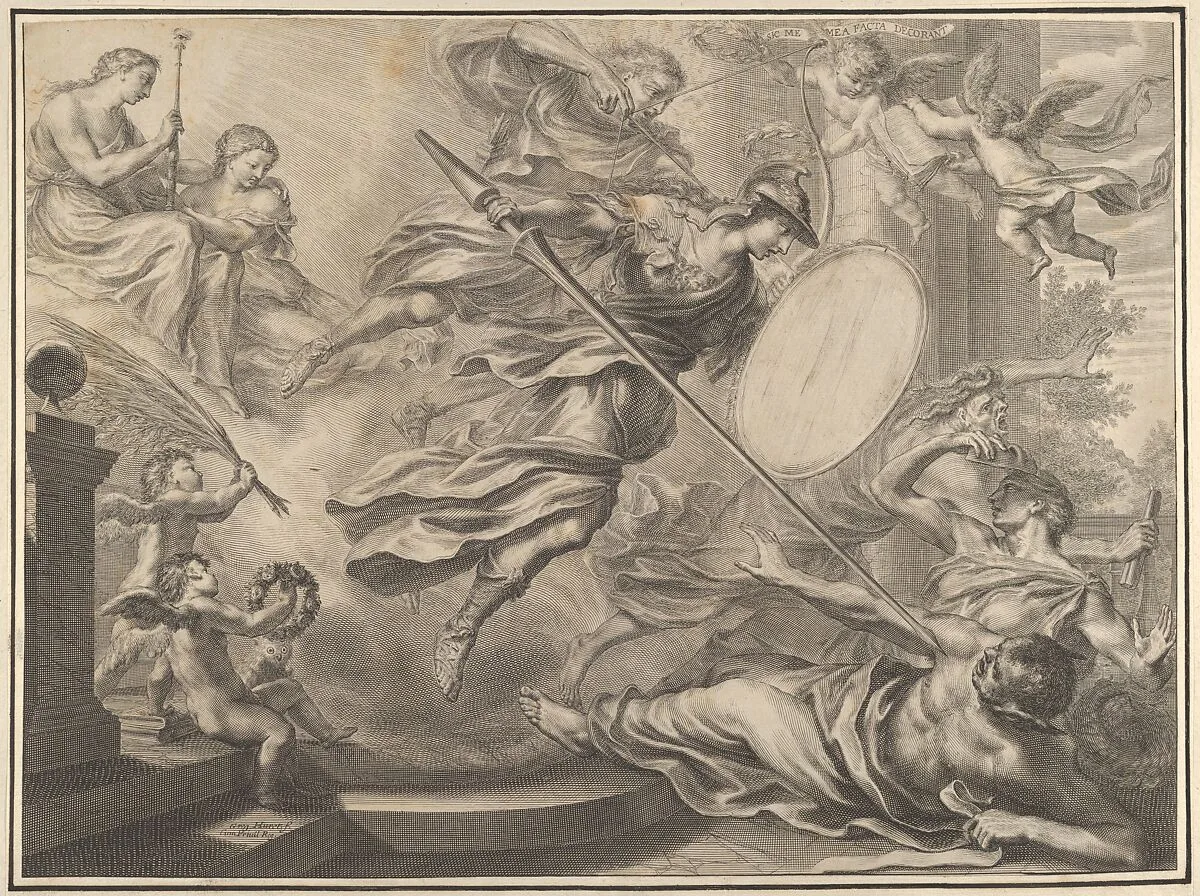 Minerva armed with a shield and lance attacking three nearly prone figures — Grégoire Huret