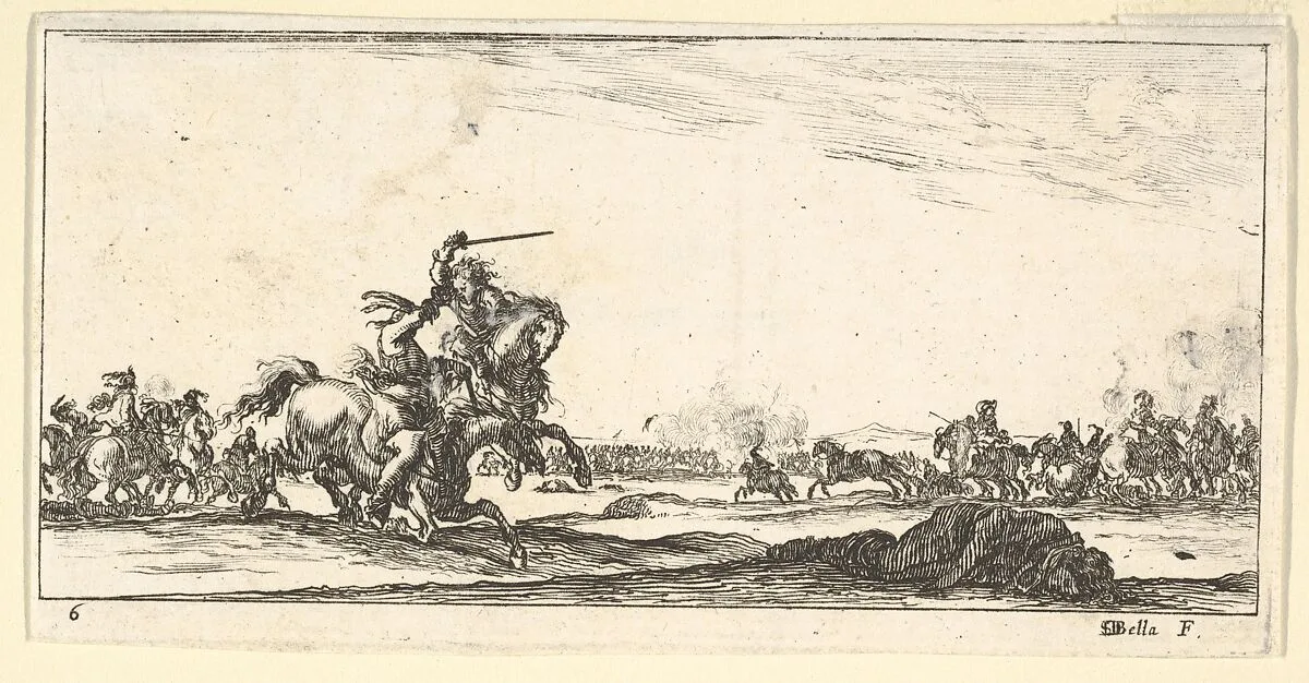 Plate 6: a skirmish between two horsemen to left, a dead man on the ground to the right, combat in the background, from 'Troops, cannons, and attacks on towns' (Dessins de quelques conduites de troupes, canons, et ataques de villes) — Stefano della Bella