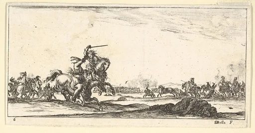 Plate 6: a skirmish between two horsemen to left, a dead man on the ground to the right, combat in the background, from 'Troops, cannons, and attacks on towns' (Dessins de quelques conduites de troupes, canons, et ataques de villes)