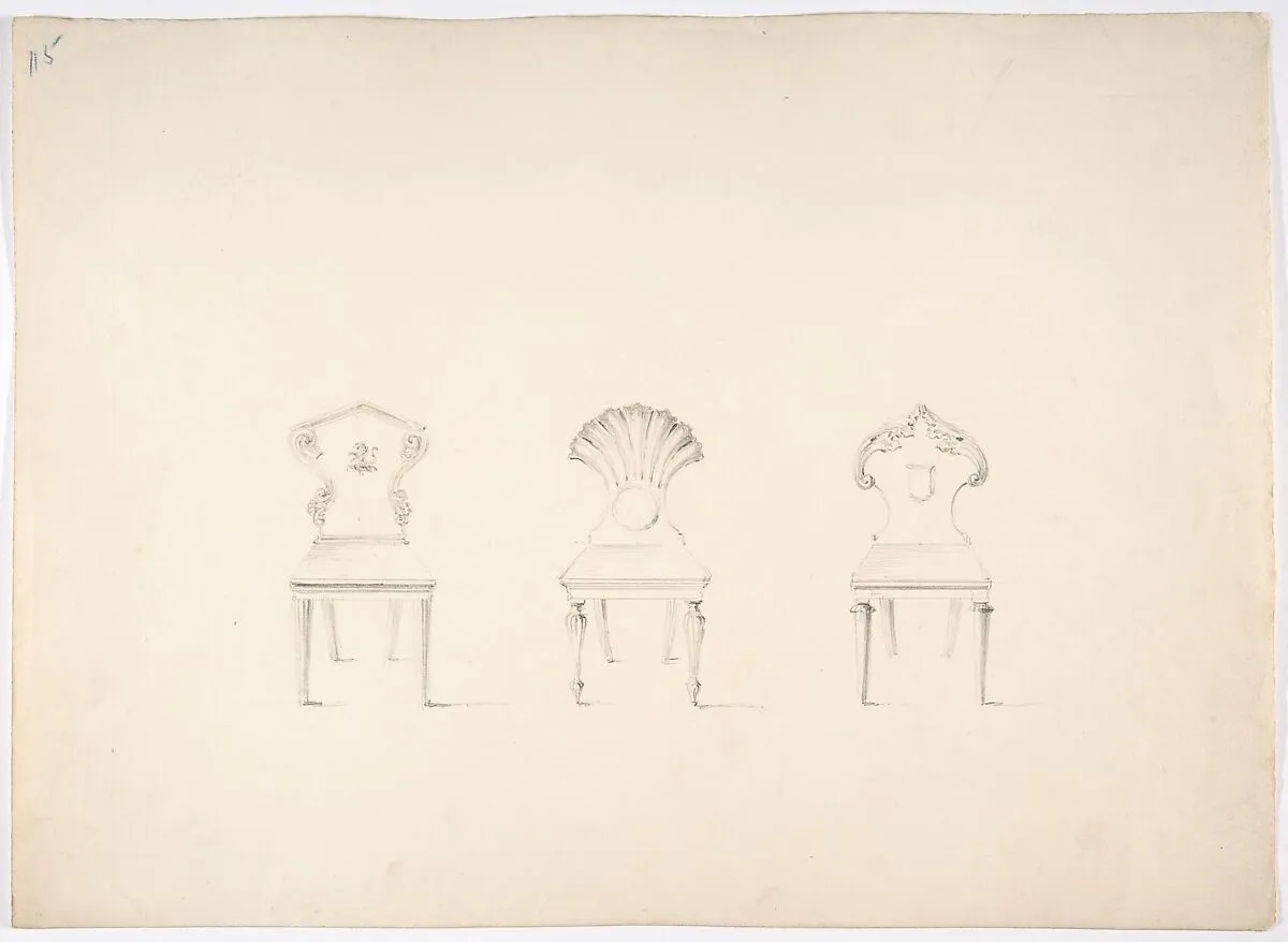 Design for Three Chairs, Two with Armorial Ornament on Backs — Anonymous, British, 19th century