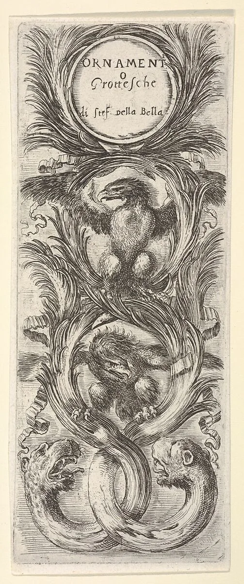 Two eagles with wings spread, below two leopard heads attached to tree trunks that form three circles, from 'Ornaments or Grotesques' (Ornamenti o Grottesche) — Stefano della Bella