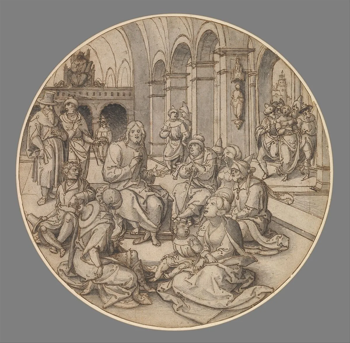 Christ Preaching in the Synagogue, with the Pharisees Bringing the Woman Taken in Adultery — Dirck Vellert|Anonymous, Netherlandish, 16th century
