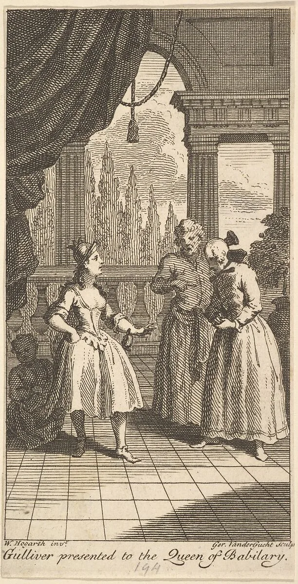 Gulliver Presented to the Queen of Babilary, Frontispiece to "The Travels of Mr. John Gulliver" — Pierre Francois Guyot Desfontaine|John Lockman|William Hogarth|Gerard Vandergucht