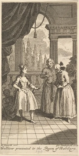 Gulliver Presented to the Queen of Babilary, Frontispiece to "The Travels of Mr. John Gulliver"