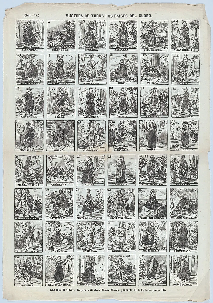 Broadside with 48 scenes showing different women of the world — José María Marés|José Noguera