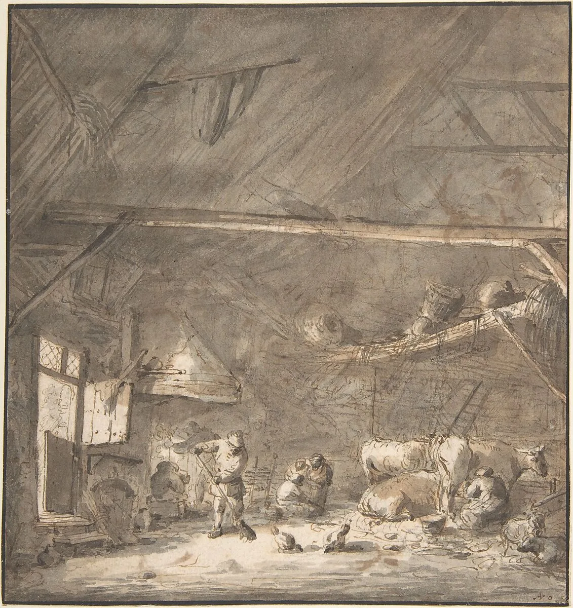 Barn Interior with Peasants and CowsVerso: Six Studies of Peasants — Isaac van Ostade