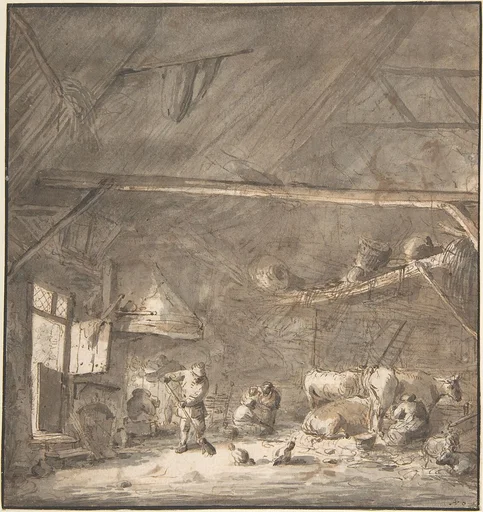 Barn Interior with Peasants and CowsVerso: Six Studies of Peasants
