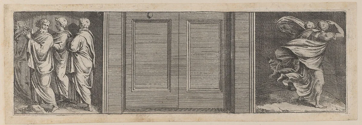Plate 10: Three figures at left and two figures running at right, after a lost fresco in the basamento of Bay 9 in the Vatican Loggia — Pietro Santi Bartoli|Giovanni Giacomo De Rossi|Raphael (Raffaello Sanzio or Santi)