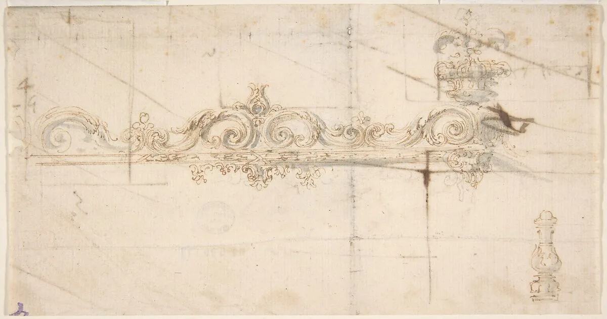 Design for the Crowning Decorations of a Gate (recto); Sketches of Stone Blocks with Measurements (verso) — Giovanni Battista Foggini