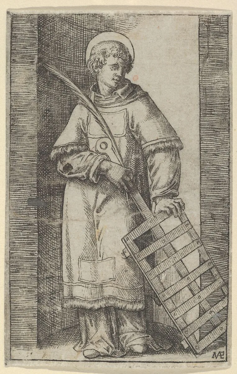Saint Vincent, left hand resting on a grill, from "Piccoli Santi" (Small Saints) — Marcantonio Raimondi