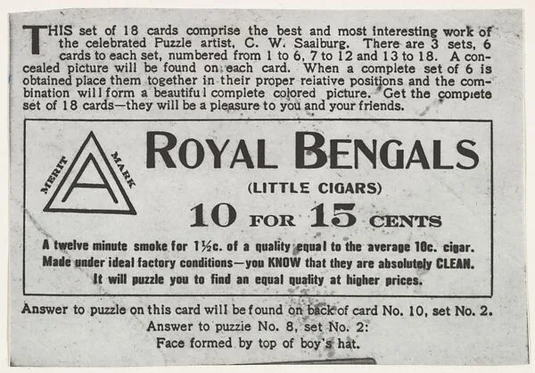 Facsimile of card verso, from the Puzzle Picture Cards series (T127), issued by the American Cigar Co. to promote Royal Bengals Cigars — American Cigar Co.